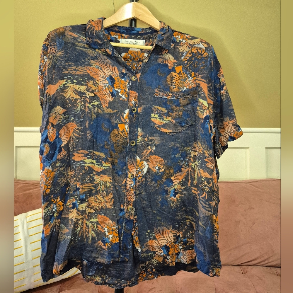 We The Free Blue and Orange Floral Button Down Shirt